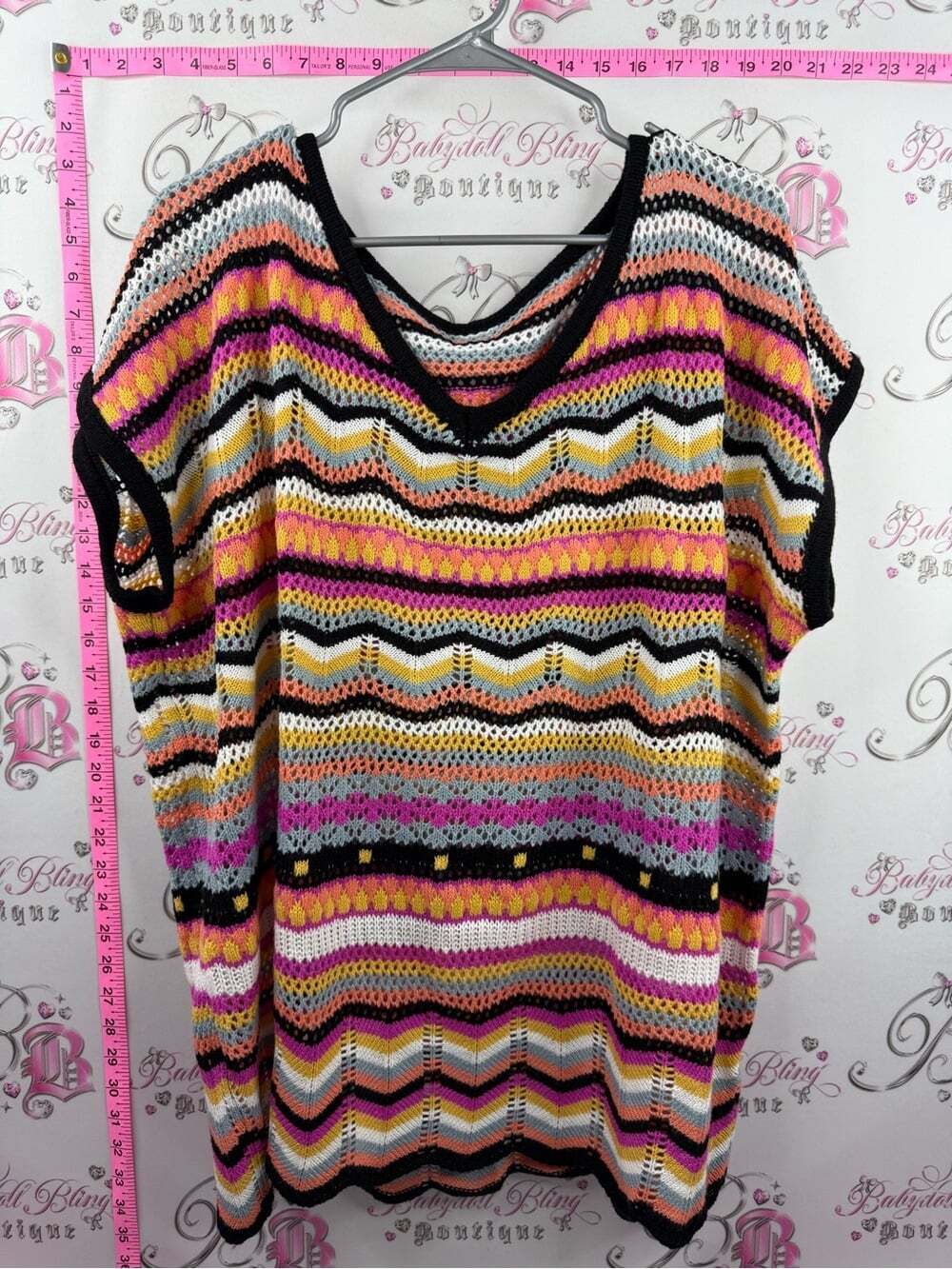 Knit top crochet neon Striped Open-Knit V-Neck Top in Pink, Yellow & Black